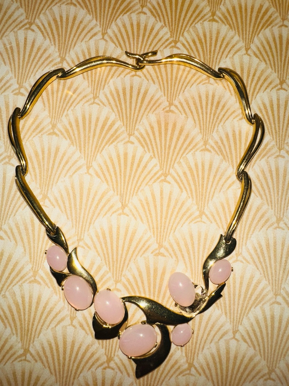 Vintage 90’s Trifari Gold-Tone Necklace with Pale Pink Cabochons
